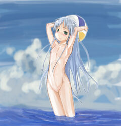 ball beach_ball blue_hair blush flat_chest green_eyes index long_hair megane_chuu nude ocean to_aru_majutsu_no_index