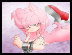 amy_rose beige_skin bondage chains color female female_only fur furry hedgehog kalma_the_hedgehog light_background mammal pink_fur shackles solo sonic_(series)