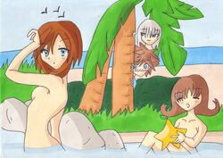 2girls bathing casual disney female final_fantasy final_fantasy_viii hot_spring human kairi kingdom_hearts male pointy_chin riku selfie selphie_tilmitt sora_(kingdom_hearts) square_enix voyeur