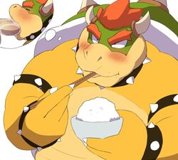 2020 anthro balls belly blush bodily_fluids bowser closed_eyes cum food gay genital_fluids genitals humanoid_hands kemono koopa male_only mario_(series) nintendo oral overweight penis scalie sex simple_background solo tongue tongue_out video_games white_background yoshizaurusu_n