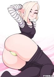 1girls android_18 ass ass_focus big_ass big_butt blonde_hair blue_eyes dragon_ball dragon_ball_z female green_panties highres human humanoid long_sleeves looking_at_viewer medium_hair mrsteak panties pants_down smile smiling smirk solo solo_female white_background