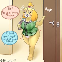 2019 animal_crossing anthro big_breasts bottomless breasts canid canine canis clothed clothing dialogue domestic_dog female genitals hi_res isabelle_(animal_crossing) mammal mawliet nintendo pussy smile solo thick_thighs video_games