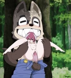 1boy 1girls 2020 absurd_res against_tree animal_ear anthro balls ballsack blush body_fur breasts brown_fur canine chihiro_yoshioka clitoris clothing dog domestic_dog duo erection female female_human fluffy_tail forest full_nelson furry_balls genitals gleipnir hetero hi_res humanoid humanoid_genitalia humanoid_penis kuramichan living_clothing looking_pleasured male male/female mammal nipples nude overalls penis penis_in_vagina pussy scrotum sex shaved_crotch shuichi_kagaya size_difference smooth_penis straight testicles tree vagina vaginal_penetration