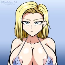 1girls alternate_version_available android_18 blonde_hair blue_eyes cleavage curvy dragon_ball erect_nipples female gigantic_breasts huge_areolae noodlekun puffy_nipples short_hair thick_lips voluptuous