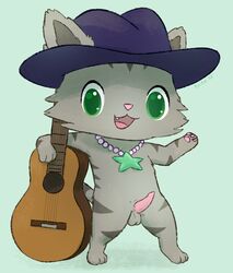 2020 acoustic_guitar american_shorthair animal_genitalia balls chibi clothing digital_media_(artwork) domestic_cat erection felid feline felis fur genitals green_eyes grey_body grey_fur guitar hat headgear headwear jewelpet jewelpet_(species) jewelry looking_at_viewer male male_only mammal musical_instrument necklace nude open_mouth paws penis plucked_string_instrument pyritie sanrio semi-anthro simple_background solo string_instrument stripes tour_(jewelpet)