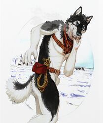 2017 action_pose alekthebeasty animal_genitalia anthro athletic belt belt_buckle belt_pouch black_body black_fur blue_eyes canid canine canis cervid countershading domestic_dog feral fur genitals harness hi_res husky looking_at_viewer male male_only mammal mountain nordic_sled_dog nude outside pose rope running sheath snow solo_focus spitz traditional_media_(artwork) white_body white_fur