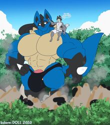 2020 2boys abs anthro anthrofied bara big_muscles blue_body blue_fur bulge canine clothing dated duo fox fur furry gay giant grey_body grey_fur hi_res hyper hyper_penis kokoro-doll larger_male lucario macro male male_only mammal muscular muscular_male nintendo original_character outdoors penis pokemon pokemon_(species) pokemon_dppt sirus size_difference smaller_male speedo swimwear testicles text topless video_games watermark what yaoi