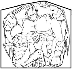 anthro black_and_white dragon growth lethias male male_only minnigan monochrome muscle_growth muscular muscular_male room_filling scales solo wings