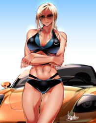 abs bikini black_bikini blonde_hair bowalia breasts brown_eyes car cowboy_shot crossed_arms female ground_vehicle motor_vehicle navel navel_piercing original parted_lips piercing signature solo sunglasses swimsuit thighs tinted_eyewear toned