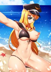 beach bikini blonde_hair breast_grab breasts daydream_(zhdkffk21) dungeon_and_fighter dungeon_fighter_online female_gunner_(dungeon_and_fighter) highres large_breasts looking_over_eyewear looking_over_glasses looking_over_sunglasses nipples ocean one_breast_out playing_with_nipple pussy red_eyes self_shot starfish stomach sunglasses swimsuit thong tinted_eyewear touching_nipples uniform