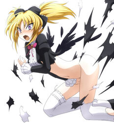 1girls ass blonde_hair blue_eyes blush bottomless bowtie clam_curry covering_crotch cute_fang embarrassed eyebrows_visible_through_hair fallen_angel female_only gothic_lolita hair_ornament high_school_dxd jewelry kneeling looking_at_viewer midriff mittelt navel no_panties open_mouth petite ripped_clothing simple_background small_breasts solo tears thighhighs twintails white_background white_thighhighs