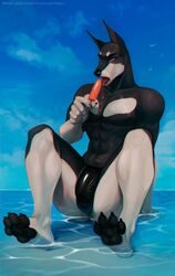 2020 abs anthro beach black_body black_fur bulge canid canine canis clothing dessert dobermann domestic_dog food fur hi_res ice_cream jake_fenton male male_only mammal muscular pawpads pecs pinscher presenting seaside sitting solo speedo swimwear text theirin url water white_body white_fur