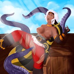 1girls artist_request brawlhalla breasts clothing dark-skinned_female elbow_gloves female nipple_piercing nipples open_mouth penetration purple_tentacles pussy restrained sex short_hair sidra_(brawlhalla) spread_legs tentacle topless vagina vaginal_penetration white_hair yellow_eyes