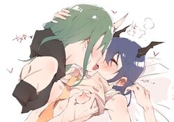 2girls arknights arm_ribbon arm_scarf bare_shoulders blue_hair blush ch'en_(arknights) closed_eyes collared_shirt commentary_request cowgirl_position dragon_horns french_kiss green_hair hair_between_eyes hand_on_another's_head highres horn horns hoshiguma_(arknights) kissing kyou_039 long_hair lying multicolored_neckwear multiple_girls neckwear nipple_tweak nipples on_back oni_horns open_mouth ribbon shirt shirt_lift tongue tongue_out yellow_neckwear yuri