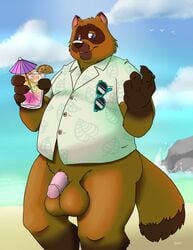 2020 animal_crossing anthro balls beach big_balls bravo brown_body brown_fur canid canine clothing eyewear flaccid fur genitals hi_res humanoid_genitalia humanoid_hands humanoid_penis male male_only mammal nintendo outside overweight overweight_male penis raccoon_dog seaside shirt solo sunglasses tanuki tom_nook topwear video_games water