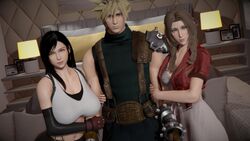 1boy 2girls 3d aerith_gainsborough bedroom big_breasts breasts cloud_strife expressionless female final_fantasy final_fantasy_vii final_fantasy_vii_remake hi_res holding_arm honey_select imminent_sex looking_at_viewer male sharing smile square_crossover straight tifa_lockhart
