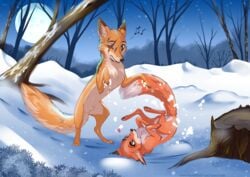 abby_(rukifox) animal_genitalia animal_penis balls butt canid canine canine_penis couple_(disambiguation) duo female feral fox fully_sheathed furry genitals love male mammal missing_eye paw playing red_fox rick_(rukifox) rukifox scar sheath snow straight testicles vulpine