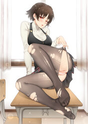 1girls ;o bangs bar_censor black_legwear blush braid brown_hair censored commentary_request desk feet female full_body kinhasu legs looking_at_viewer makoto_niijima no_panties no_shoes on_desk one_eye_closed open_mouth pantyhose persona persona_5 pussy red_eyes school school_uniform short_hair skirt solo tied_hair torn_clothes torn_legwear uniform