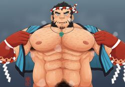 balls bara black_hair facial_hair kktjkgak male male_only muscles muscular musk nejiri_hachimaki penis solo solo_male sweat sweating tajikarao_(tokyo_afterschool_summoners) tokyo_afterschool_summoners