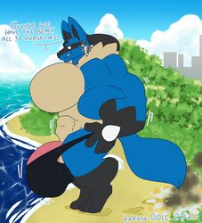 2020 2boys abs anthro anthrofied bara beach big_bulge big_muscles big_pecs blue_body blue_fur bulge canine clothing dated duo fox fur furry gay grey_body grey_fur hi_res huge_bulge huge_pecs hyper hyper_bulge hyper_pecs kokoro-doll larger_male lucario macro male male_only mammal muscular muscular_male nintendo original_character pecs penis pokemon pokemon_(species) pokemon_dppt seaside sirus size_difference smaller_male speedo swimwear text video_games watermark yaoi