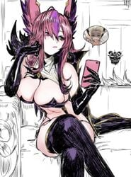 1girls artist_request big_breasts breasts female league_of_legends pink_eyes pink_hair rakan riot_games star_guardian_series star_guardian_xayah telephone xayah