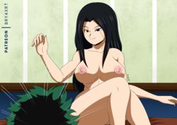 1boy 1girls big_breasts black_eyes black_hair breasts bryaxrt green_hair hair_down izuku_midoriya long_hair looking_at_partner momo_yaoyorozu my_hero_academia nipples nude nude_female