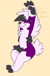 1boy 2020 alternate_color anthro anthrofied armpits arms_above_head arms_up claws closed_eyes ear_piercing english_text erection feet feral front_view fur furry knot lycanroc male midnight_lycanroc model_sheet multicolored_body multicolored_fur nasty-fox nintendo no_nipples nude original_character pawpads paws penis piercing pokémon_(species) pokemon pokemon_sm purple_body purple_fur simple_background sitting solo stretching text thick_thighs two_tone_body two_tone_fur unknown_character video_games watermark white_body white_fur wide_hips yellow_background