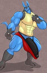 1boy abs anthro anthrofied bara big_muscles big_penis black_glans black_penis blue_body blue_fur bulge canine clothing eye_contact feet fur furry glans half-closed_eyes hi_res hyper long_penis looking_at_viewer lucario male male_only muscular muscular_male nintendo no_nipples original_character penis pokemon pokemon_(species) pokemon_dppt pose smile solo somniumfox speedo swimwear thick_thighs veins video_games