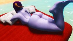 1girls ass bethesda_softworks big_ass big_butt dark_elf dunmer elf feet horns lying lying_down lying_on_belly pillows purple_hair purple_skin skyrim solo solo_female swimming_mattress the_elder_scrolls water