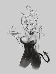 1girls big_breasts blush blushing bow_tie bowtie breasts bunny_costume bunny_ears bunny_girl bunnysuit busty cagez cleavage clothing curvy demon demon_girl demon_horns demon_tail detached_collar detached_sleeves embarrassed eyelashes fake_animal_ears female female_only food fully_clothed greyscale helltaker highres holding_food holding_plate horns huge_breasts large_breasts long_hair lucifer_(helltaker) mole mole_under_eye monochrome monster monster_girl navel shiny_clothes shiny_skin sketch solo standing tail thick_thighs video_game video_games voluptuous wide_hips