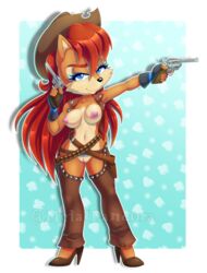 2020 anthro archie_comics areola black_nose blue_eyes breasts brown_hair casual_exposure chaps chipmunk clothing colt_1873 cowboy_hat digital_media_(artwork) dual_wielding exposed_torso eyelashes female fingerless_gloves firearm footwear genitals gloves ground_squirrel gun hair handgun handwear hat headgear headwear high_heels holding_object holding_weapon long_hair looking_at_viewer mammal metalpandora mostly_nude nipples pussy ranged_weapon revolver rodent sally_acorn sciurid shoes smile solo sonic_(series) sonic_the_hedgehog_(archie) sonic_the_hedgehog_(comics) sonic_the_hedgehog_(series) watermark weapon