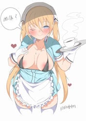 1girls areolae big_breasts blend_s blonde_hair blue_eyes blush coffee heart hinata_kaho hirai large_breasts long_hair maid maid_headdress maid_uniform one_eye_closed smile speech_bubble text thick_thighs thighhighs white_thighhighs