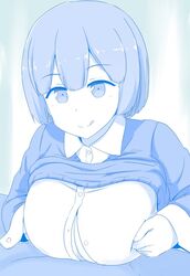 areolae arms_at_sides blue_theme breasts clothes_lift collared_shirt eyebrows_visible_through_hair female getsuyoubi_no_tawawa hair_between_eyes large_breasts licking_lips long_sleeves monochrome nao_(ritsancrossover) open_clothes open_mouth paizuri penis shirt smile solo_focus straight sweater sweater_lift sweater_vest tongue tongue_out white_shirt