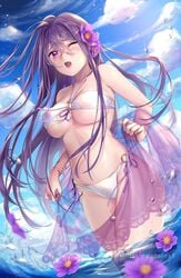 1girls artist_name beach big_breasts bikini blue_sky breasts busty cleavage clothing clouds curvy cuts doki_doki_literature_club eyebrows_visible_through_hair eyelashes female female_only flower fully_clothed hair_between_eyes hair_flower hair_pin hairpin highres huge_breasts in_water large_breasts light-skinned_female light_skin lips long_hair navel o-ring o-ring_bikini o-ring_top ocean one_eye_closed open_mouth outdoors potetos7 purple_eyes purple_hair scars sea self-harm_scars self_harm shiny_hair shiny_skin side-tie_bikini sky solo standing swimsuit teeth thick_thighs tongue underboob veil voluptuous water wet white_bikini white_swimsuit wide_hips yuri_(doki_doki_literature_club)