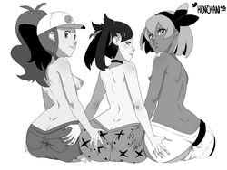 ass ass_grab bea_(pokemon) big_ass black_and_white breasts clothing_in_ass forced_in_fabric henchan45 hilda_(pokemon) leggings looking_at_viewer marnie_(pokemon) pokemon pokemon_bw pokemon_ss shorts sitting