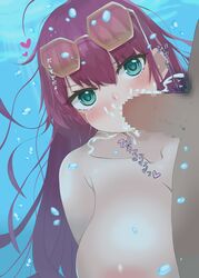 1girls azur_lane bangs blowjob breasts censored cum_in_mouth ejaculation eyebrows_visible_through_hair fellatio female green_eyes large_breasts long_hair nude penis penis_in_mouth red_hair sunglasses sunglasses_on_head surcouf_(azur_lane) tagme underwater water