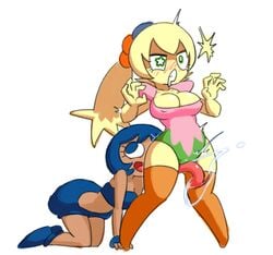 2girls ass ass_up blonde_hair blue_eyes blue_hair blush breasts cameltoe cleavage eyelashes female female_only from_behind fumu-tan gijinka gooey_(kirby) green_eyes hair_ornament hal kirby_(series) kirby_dreamland_3 kirby_right_back_at_ya kirby_star_allies kneeling licking licking_pussy light-skinned_female long_tongue minus8 multiple_girls nintendo nipple_bulge ponytail saliva shocked shorts simple_background slap star-shaped_pupils stockings surprised tan_skin thick_thighs thighhighs tiff_(kirby) tongue tongue_out tubetop white_background yuri