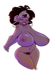 afro areola bandana big_breasts black_hair breasts closed_eyes curled_hair dark_skin ear_piercing female grin hair huge_breasts human jerikah_hunter mammal navel nipples nude piercing pubes simple_background slb smile solo white_background