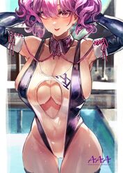 breasts cleavage female highres large_breasts looking_at_viewer navel one-piece_swimsuit original purple_eyes purple_hair signo_aaa solo swimsuit thighhighs twintails