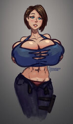 1girls abs barely_contained big_breasts breast_expansion breast_hold breasts brown_hair bursting_breasts capcom cleavage clothed clothed_female eyelashes female female_only front_view gigantic_breasts huge_breasts human human_only jill_valentine jill_valentine_(sasha_zotova) large_breasts light-skinned_female looking_at_viewer midriff pants pressurizedpleasure resident_evil resident_evil_3 resident_evil_3_remake short_hair solo solo_female tagme teal_eyes tearing_clothes top_heavy unbuttoned unbuttoned_pants