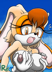 bangs boobs breasts brown_eyes bunny bunny_ears cream_fur eyelashes fringe half-closed_eyes hand hand_on_breast hand_on_breasts hands hands_on_breasts inkbunny mother nipples orange_eyes orange_fur orange_hair rabbit rabbit_ears raianonzika sega sonic_(series) sonic_the_hedgehog_(series) vanilla_the_rabbit white_breasts white_fur