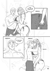 1boy 1girls ass_expansion bikini breast_expansion breast_grab breasts bulge comic erect_nipples erection_under_clothes female fondling getting_erect giantess grabbing grabbing_penis groping huge_breasts just-add-water99 kissing male monochrome nipple_bulge