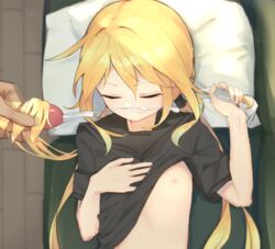 black_serafuku blonde_hair closed_eyes cum ejaculation female hairjob hand_on_own_chest kantai_collection long_hair lying makkusu_(max_101010) nipple_slip nipples on_back penis pillow satsuki_(kantai_collection) school_uniform serafuku shirt_lift short_sleeves sleep_molestation sleeping