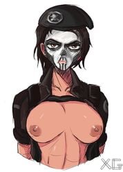 1girls angry beret big_breasts brazilian brazilian_female breasts breasts_out caveira_(rainbow_six) facepaint female latina no_bra partially_clothed rainbow_six rainbow_six_siege tagme tom_clancy ubisoft upper_body video_games white_background xaviergalaxy