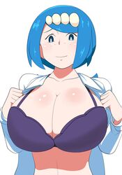 1girls alternate_breast_size belly big_breasts blue_eyes blue_hair bra breasts chelsea_cola cleavage clothed eye_contact female female_only flashing freckles hair_ornament human lana's_mother_(pokemon) long_hair looking_at_viewer mature mature_female milf mob_face mother nintendo pokemon pokemon_sm ponytail purple_bra shirt smile solo thin_waist white_background