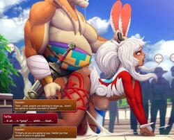 all_fours bangaa belly_bulge choker clothed clothing crowd cum cum_in_ass cum_inflation cum_inside cumshot dark-skinned_male dark_skin duo_focus ear_grab ejaculation english_text exhibitionism final_fantasy final_fantasy_xii gay girly kemonomimi long_hair looking_away male male_focus male_only moaning muscles muscular muscular_male orgasm outdoors overweight overweight_male picturd public rabbit_ears sex size_difference skimpy small_penis solo_focus text viera weapon white_hair yaoi