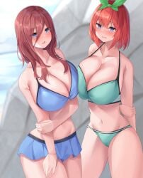 2girls arm_grab asymmetrical_docking beach big_breasts bikini blue_eyes blush breast_docking breast_press breasts brown_hair bust busty cleavage curvaceous curvy curvy_body curvy_female curvy_figure embarrassed female female_only go-toubun_no_hanayome hair_between_eyes hair_ornament hair_ribbon hourglass_figure huge_breasts looking_at_viewer micosivaa multiple_females multiple_girls nakano_miku nakano_yotsuba oppai orange_hair outdoors revealing_clothes ribbon shoulder_length_hair siblings sisters skimpy skimpy_bikini swimsuit take_your_pick top_heavy twin_sisters twins voluptuous