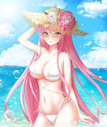 ahoge azur_lane bangs bare_shoulders bikini blush breasts commentary eyebrows_visible_through_hair female flower green_eyes grey_bikini hair_between_eyes hair_ornament hat highres kurosawa_rui_(hjkl42332) large_breasts long_hair looking_at_viewer looking_over_eyewear looking_over_glasses navel open_mouth orange-tinted_eyewear purple_flower red_hair simple_background sitting smile solo straw_hat sun_hat sunglasses surcouf_(azur_lane) surcouf_(loisirs_balneaires)_(azur_lane) swimsuit thighs tinted_eyewear two-tone_swimsuit very_long_hair water_drop white_background white_bikini white_flower