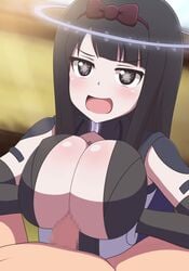 1boy 1girls angel_halo animated black_hair bouncing_breasts breasts censored cleavage cleavage_cutout commander_black cum cum_on_breasts cumshot headband huge_breasts large_penis long_hair open_mouth paizuri penis ribbon shorter_than_30_seconds sound ultra_kaijuu_gijinka_keikaku ultraman_(franchise) video yuzutei