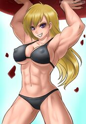 1girls abs big_breasts bikini black_bikini blonde_hair breasts cleavage elee0228 erect_nipples female female_only large_breasts lifting long_hair looking_at_viewer muscles muscular muscular_female navel nipples purple_eyes racoonkun solo